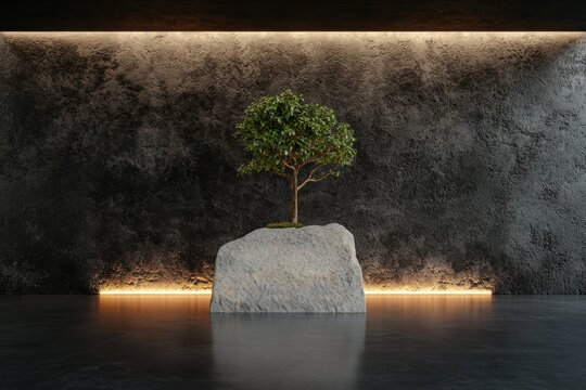 A small tree growing on a rock in a minimalist space.