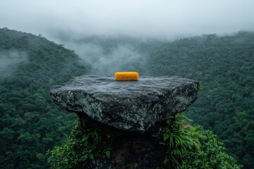 A yellow sponge sits atop a stone platform in a misty landscape.