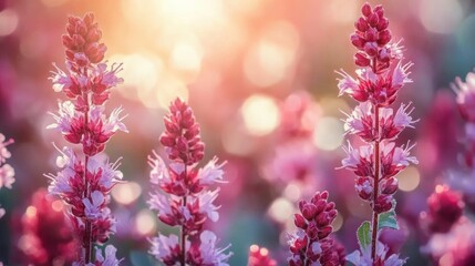 Obraz premium Sunset Meadow, Pink Flowers, Blooming, Garden, Soft Focus, Nature, Background, Spring, Botany, Poster
