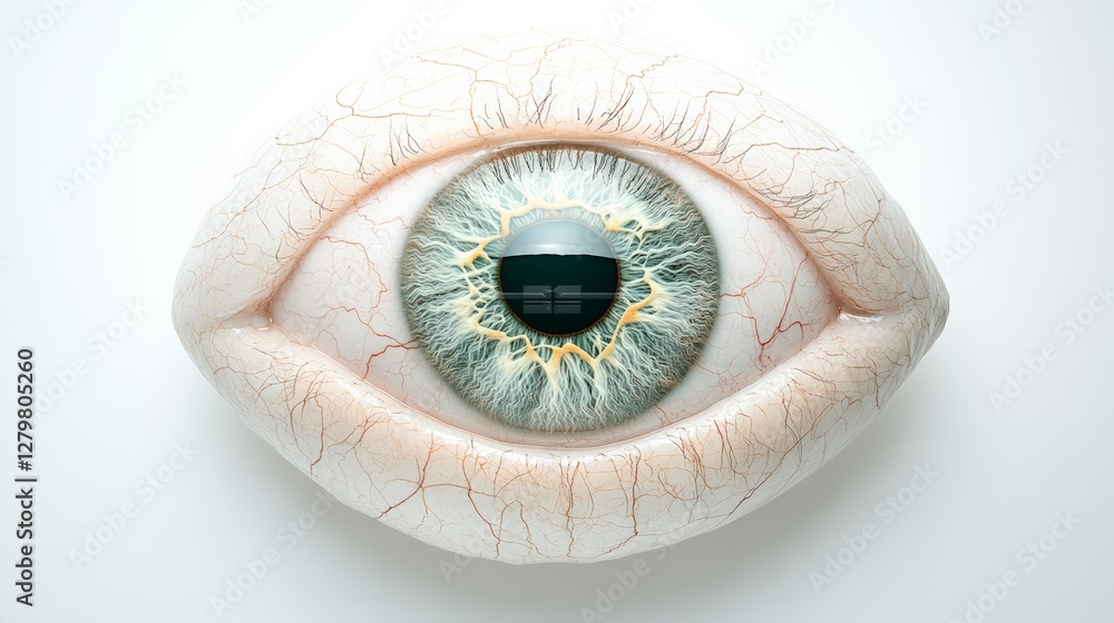 Aufkleber close up view of a realistic eye model showcasing intricate details of capillaries and a greenish ir