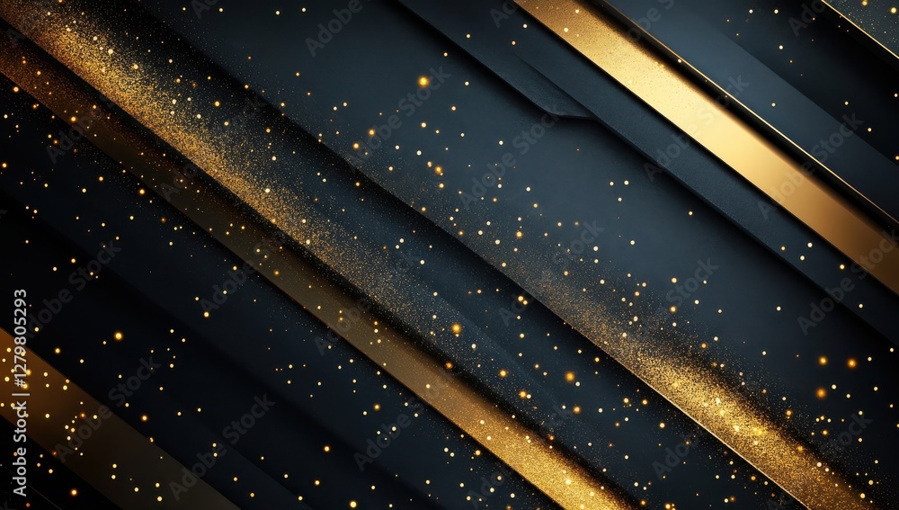 Poster elegant black and gold background with shimmering particles and diagonal lines creating a modern and