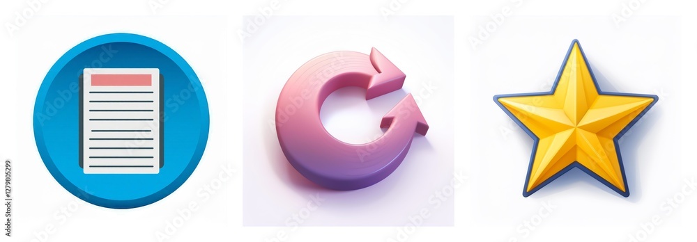 Poster three glossy icons in a horizontal row. a document on a blue circle, a pink refresh arrow, and a yel