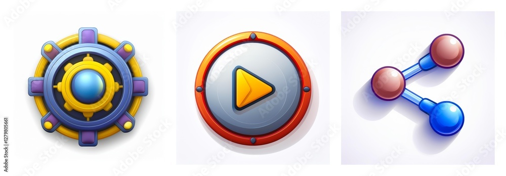 Poster three glossy icons: settings gear, play button and share symbol. all are colorful and 3d style on a 