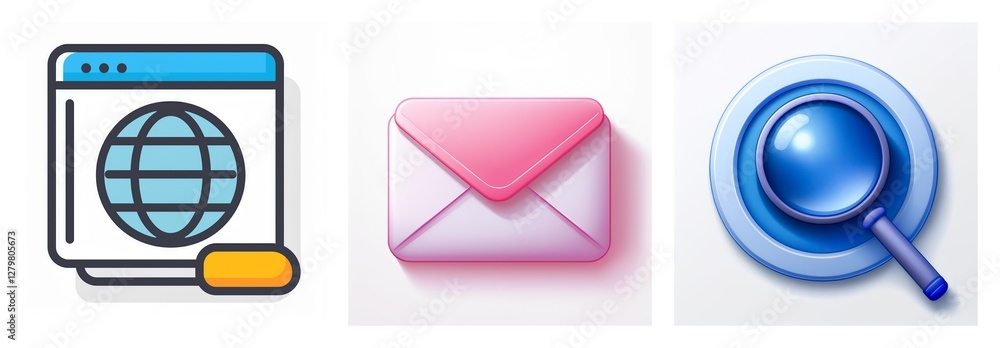 Poster three icons represent online communication and information retrieval. a globe in a browser window, a
