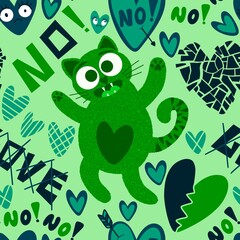 Anti Valentines animals seamless cats and hearts pattern for wrapping paper and fabrics and kids clothes print
