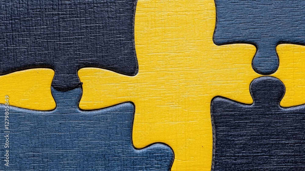 Poster close-up of interlocking puzzle pieces in blue and yellow, symbolizing teamwork and problem-solving