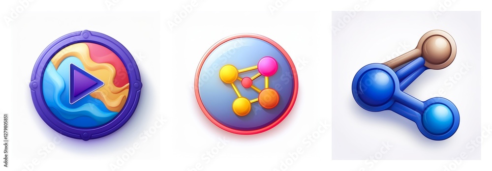 Poster three glossy app icons are displayed: a play button with colorful waves, connected spheres, and a sh