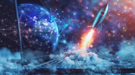 Fototapeta premium Global digital rocket launch from laptop, futuristic background