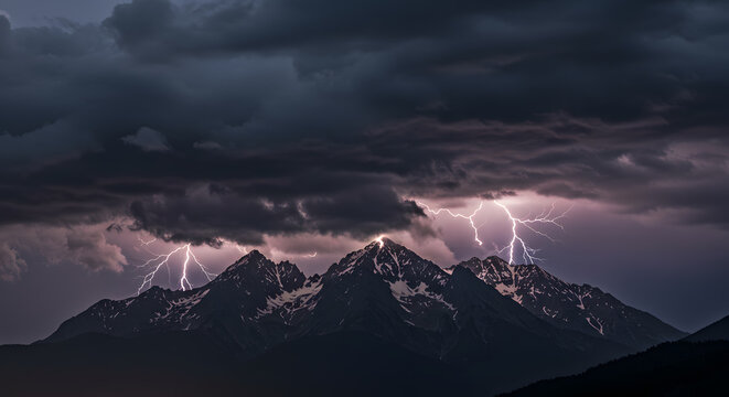 Dramatic storm clouds rolling over a mountain landscape, illuminated by lightning