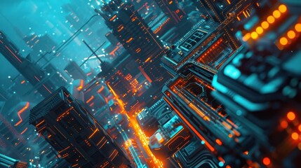 Obraz premium Futuristic cityscapes, architectural design, glowing lines, urban cyberpunk background