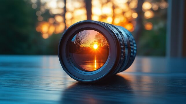 Sunset reflected in lens on table, forest background