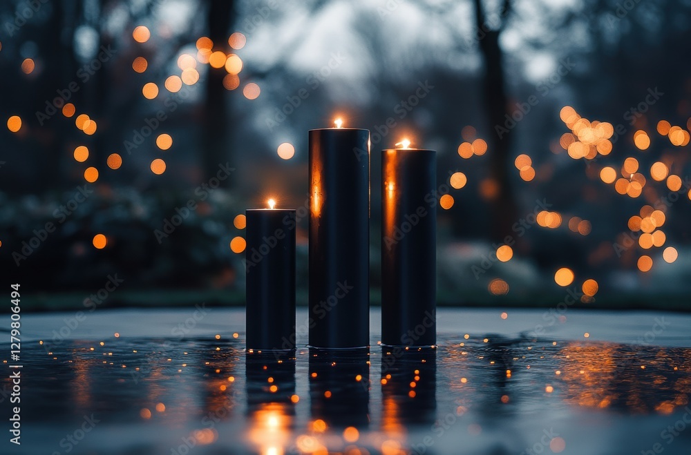 Poster elegant evening scene with three stylish black candles surrounded by soft glowing bokeh lights in a 
