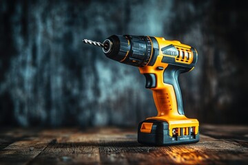 Electric Cordless Screwdriver on the Battery on the Table with a Selftapping Screw in the Board