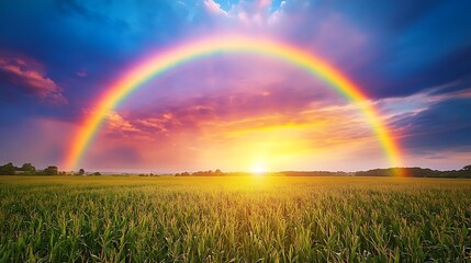 Naklejka premium Rainbow over golden field at sunset