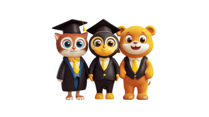 Graduating cartoon animals in caps and gowns