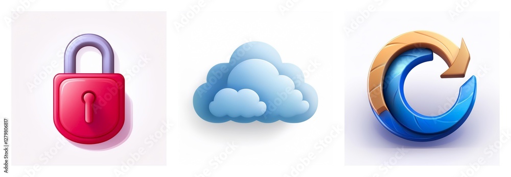 Poster three glossy icons in a row: a red padlock, a blue cloud, and a blue and gold circular arrow represe