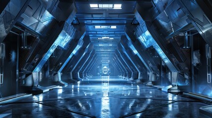 Fototapeta premium Futuristic corridor, glowing blue interior, reflecting light, advanced technology