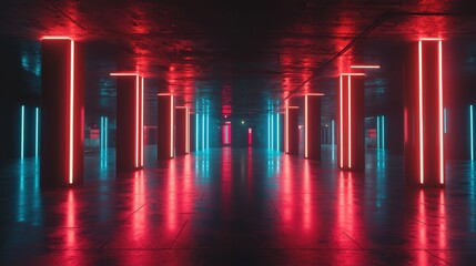 Neon Light Reflection in Dark Urban Space with Columns and Walls