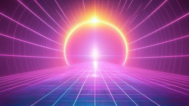 Futuristic Tunnel with Neon Lights and Vibrant Color Gradient