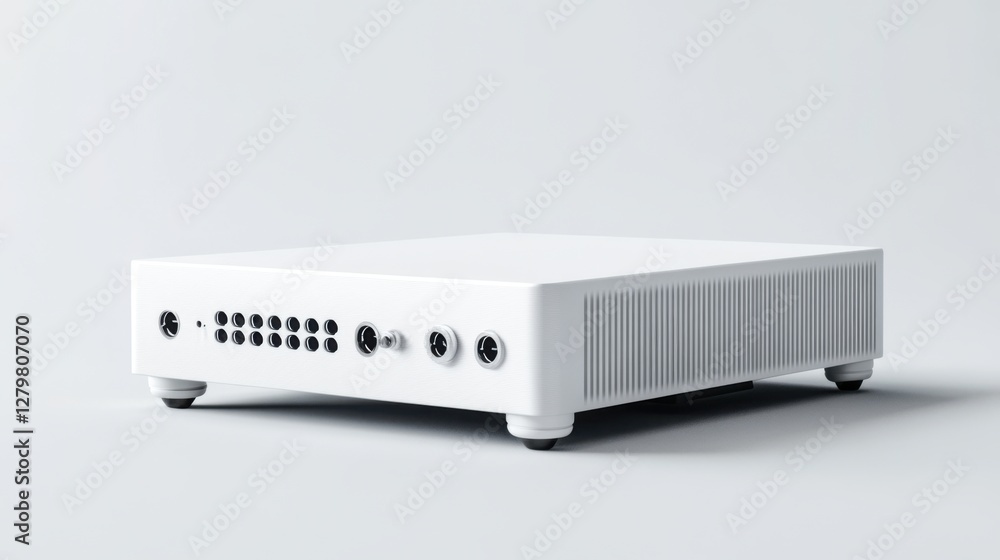 Poster modern minimalist white device with inputs and outputs for tech enthusiasts and designers for variou