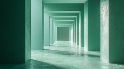 Abstract green hallway with columns and light.