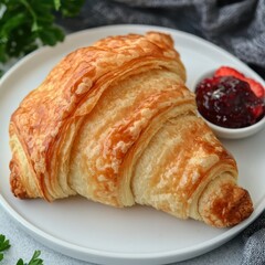 Freshly Baked Croissant with Strawberry Jam on White Plate