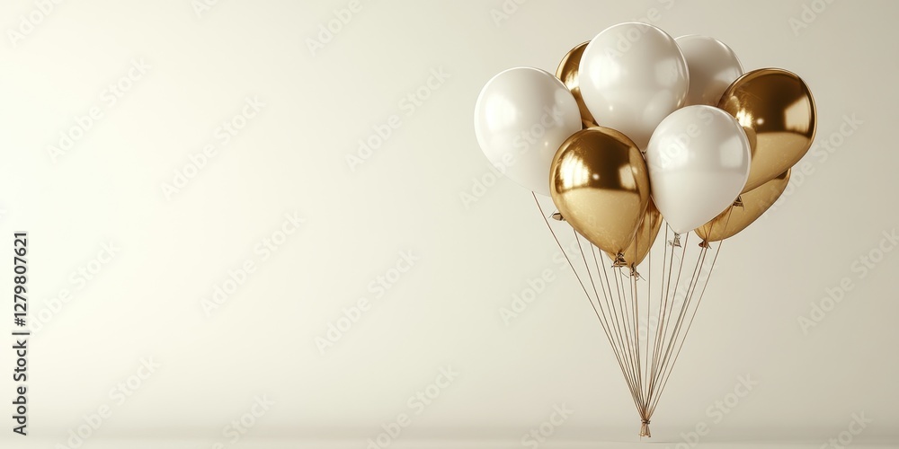 Poster elegant white and gold balloons clustered together in a minimalist setting with soft light, perfect 