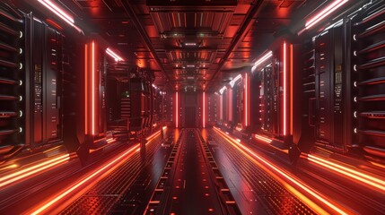 Futuristic server room hallway with red neon lights
