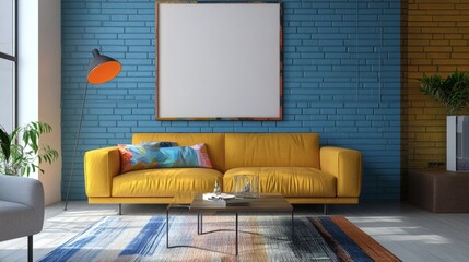Modern Living Room with Bright Yellow Sofa and Colorful Decor Elements