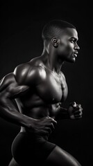 Fototapeta premium Muscular Black man in profile, running against a dark background. A powerful image of strength and fitness.