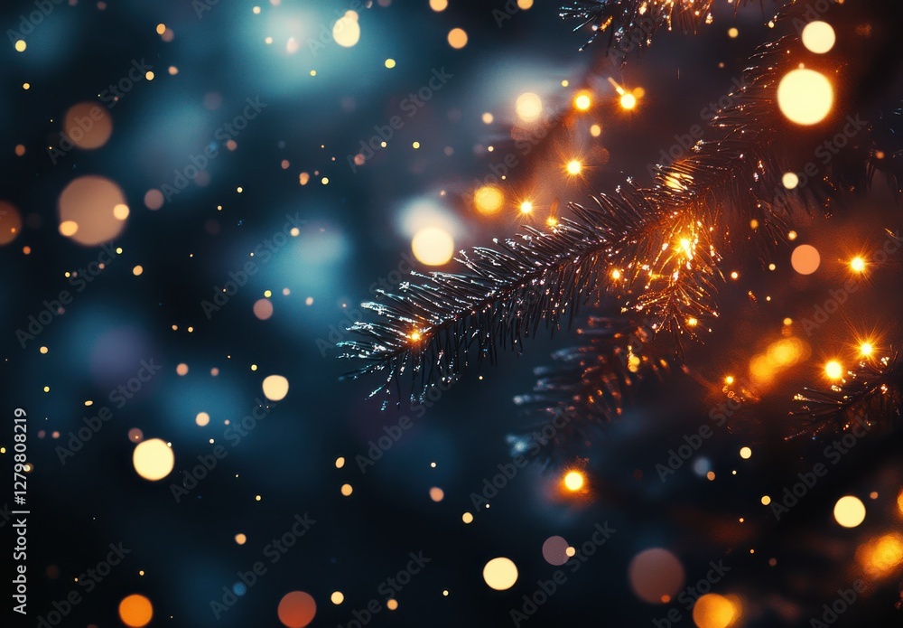 Poster enchanting close-up of illuminated christmas tree branches adorned with blurred bokeh lights creatin
