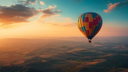 Obraz premium Colorful hot air balloon over golden hills at sunset. Possible use Travel brochure, tourism advertisement, social media post