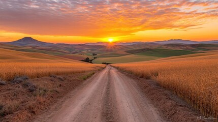 Fototapeta premium Sunrise over rolling hills, dirt road leads to vibrant fields