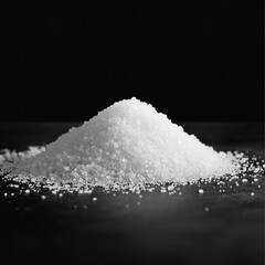 Pile of coarse white sea salt against dark background in soft light