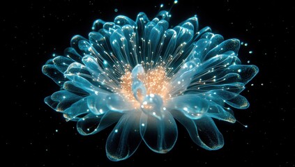 Obraz premium Ethereal Blue Floral Bloom with Glowing Petals and Sparkling Details on a Dark Background for Artistic and Nature-Themed Projects