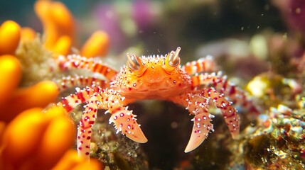 Orange crab in coral reef; macro close up; underwater scene; stock photo
