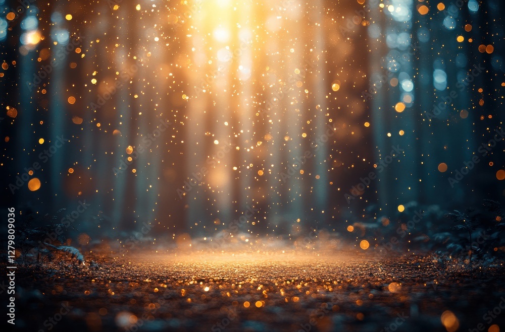 Poster ethereal light and glimmering particles in enchanted forest with soft focus and warm tones at dusk o