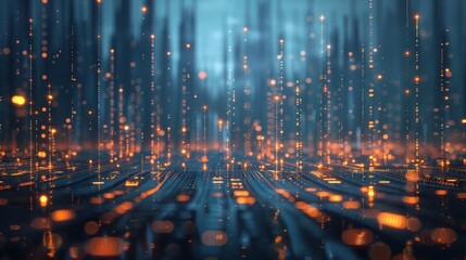 Fototapeta premium Futuristic city data network graphic; digital lines connect city. Use Presentation background