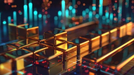 Obraz premium Golden cubes in a digital landscape with vibrant glowing lines
