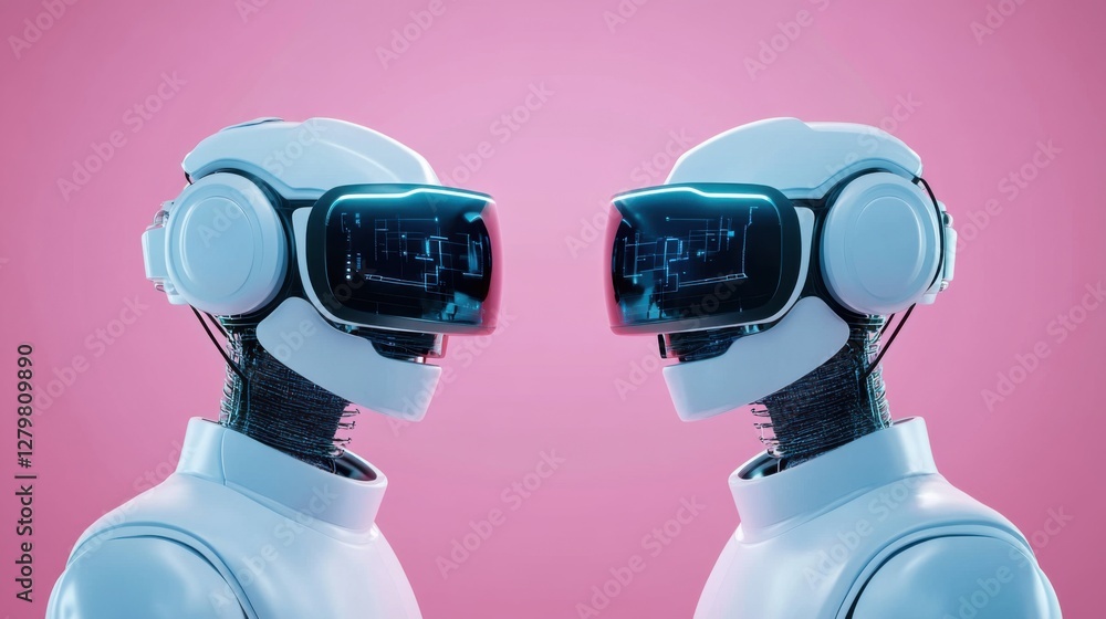 Poster two futuristic robots with vr headsets facing each other against a pink background in a modern digit
