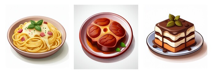 Three food illustrations showing a creamy spaghetti dish with basil, a cooked steak, and a square chocolate dessert with layers.