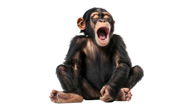 Young chimpanzee yawns while sitting still