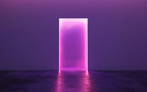 Neon purple door in empty room, portal, mystery, conceptual, interior design, studio shot