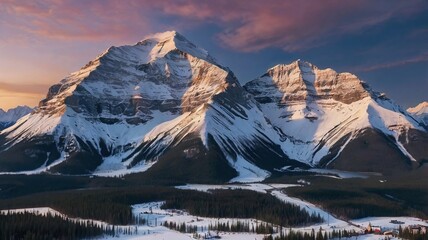 Stunning Canadian Rocky mountains twilight scene of snow capped mountain at Banff National Park in Alberta, Canada. View from Banff Gondola Sulfur Mountain.