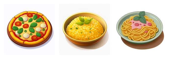 Three iconic Italian dishes are displayed: a vibrant pizza, creamy risotto in a bowl, and classic spaghetti, all isolated on white.