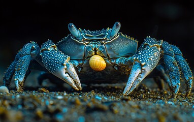 Blue crab holding yellow sphere on dark sand.