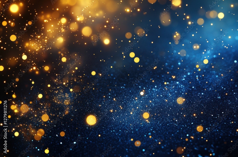 Poster glimmering gold and blue cosmic bokeh with glowing particles on a dark background for abstract and m