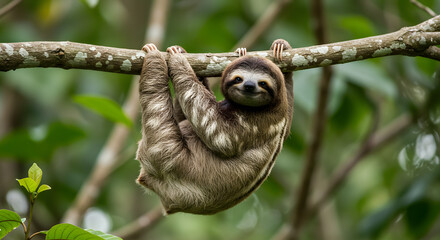 Obraz premium Adorable Sloth Hanging Upside Down on a Tree Branch in Lush Rainforest
