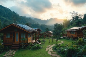Fototapeta premium rural eco-lodge surrounded by untouched nature, cozy wooden bungalows with solar panels, promoting sustainable tourism 