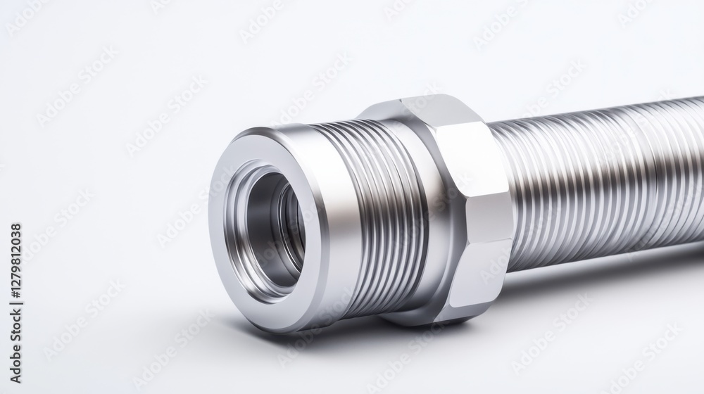 Poster metallic pipe fitting with threaded connection on smooth white background in industrial design conce